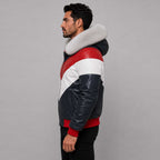 Men's Hooded Leather V-Bomber Jacket with Premium Fur