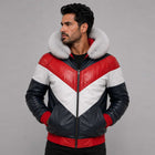 Men's Hooded Leather V-Bomber Jacket with Premium Fur