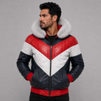 Men's Hooded Leather V-Bomber Jacket with Premium Fur