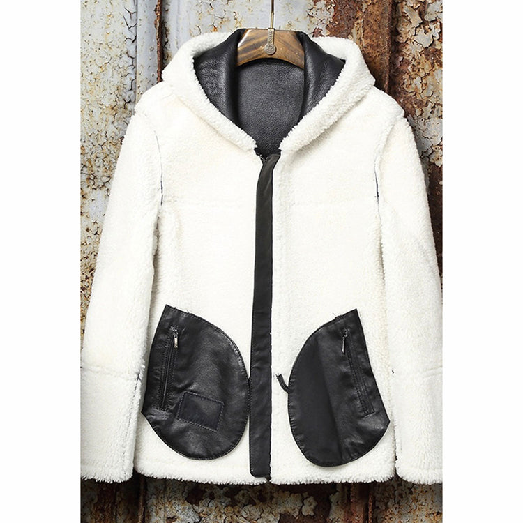 Men’s Black Sheepskin Leather White Shearling Jacket with Hood