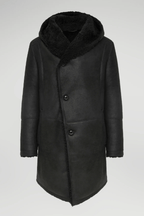Men's Black Hooded Shearling Leather Coat - Warm & Stylish