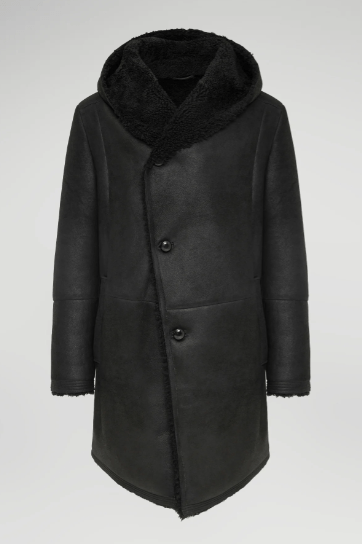 Men's Black Hooded Shearling Leather Coat - Warm & Stylish
