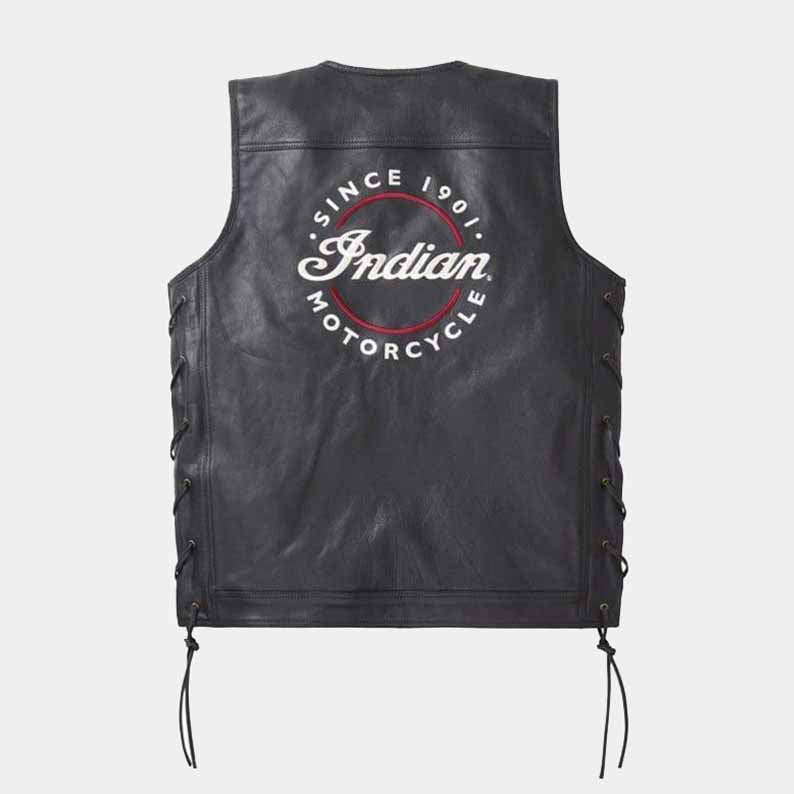 Men's Black Genuine Cowhide Leather Indian Motorcycle Vest with Vintage Western Biker Style