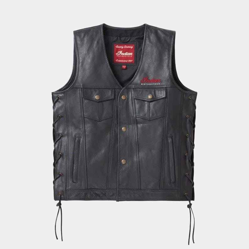 Men's Black Genuine Cowhide Leather Indian Motorcycle Vest with Vintage Western Biker Style