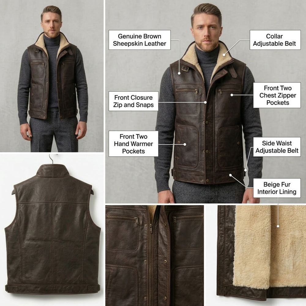Men Premium Genuine Shearling Leather Vest - B3 Aviator Biker Style