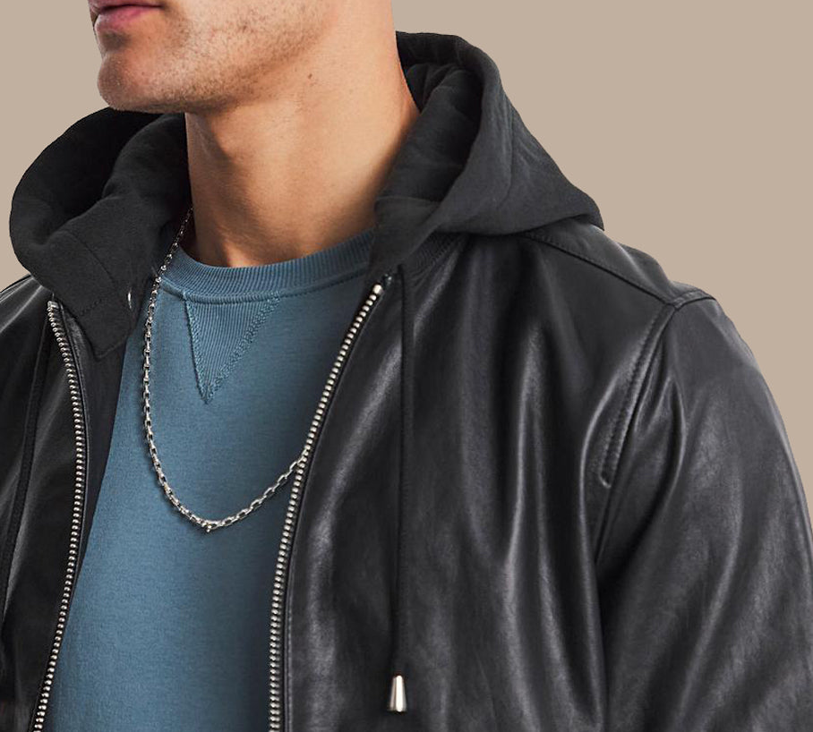Mens Black Leather Hooded Bomber Jacket
