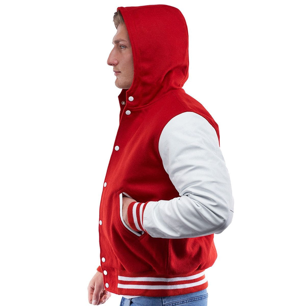 Men's Letterman Varsity Leather Jacket in Red with Hood