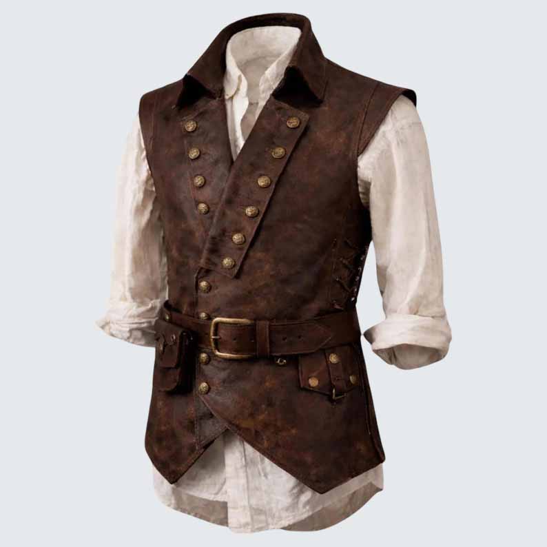 Men's Brown Leather Vest with Double Breasted Medieval Pirate Style
