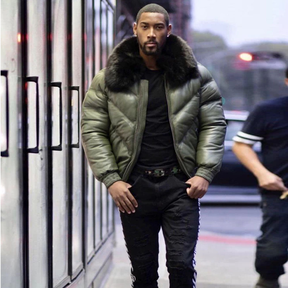 Men's Olive Green Leather V-Bomber Jacket | Black Fur Puffer