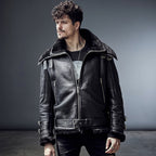 Men's Black Convertible Storm-Collar Moto B-3 Shearling Jacket