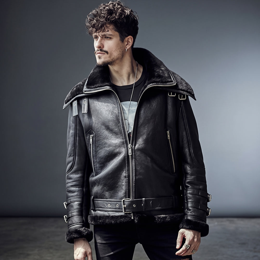 Men's Black Convertible Storm-Collar Moto B-3 Shearling Jacket