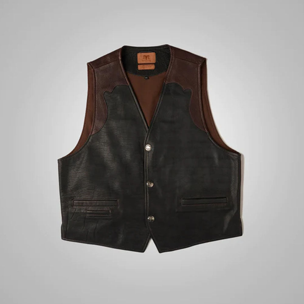Men's Multi-Color Black & Brown Buffalo Leather Vest | Two-Tone Biker Riding Waistcoat