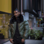 Men's Olive Green Leather V-Bomber Jacket | Black Fur Puffer