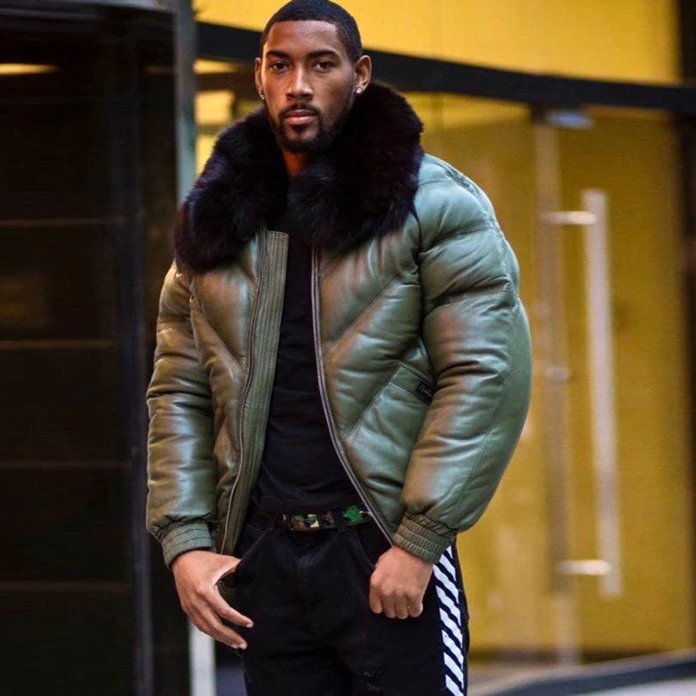 Men's Olive Green Leather V-Bomber Jacket | Black Fur Puffer