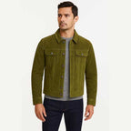 Mens Olive Green Sheepskin Suede Trucker Leather Jacket