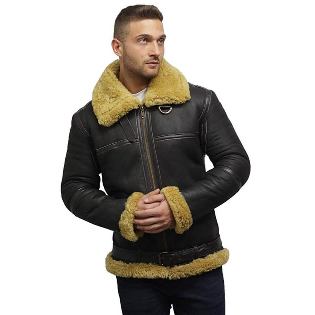 Men’s Real Shearling Sheepskin Bomber Leather Jacket