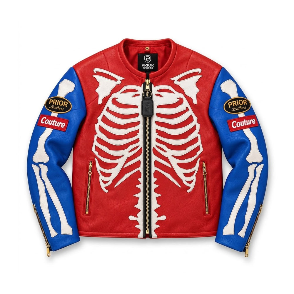 Bone Riot Men’s Red Skeleton Leather Biker Jacket