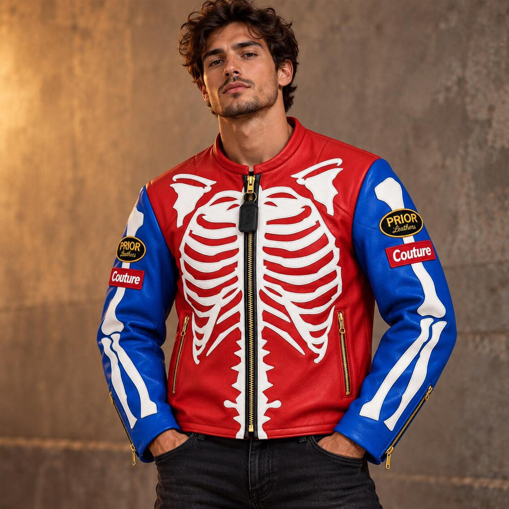 Bone Riot Men’s Red Skeleton Leather Biker Jacket