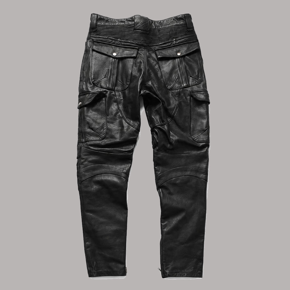Handmade Men’s Black Lambskin Leather Cargo Pants | Multi-Pocket Biker Jeans