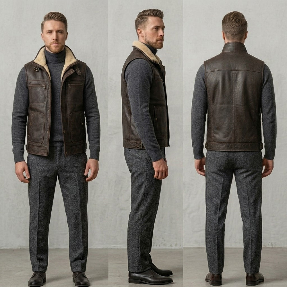 Men Premium Genuine Shearling Leather Vest - B3 Aviator Biker Style