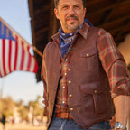 Men's Brown Multi-Pocket Buckskin Vest | Rugged Leather Tactical Utility Waistcoat