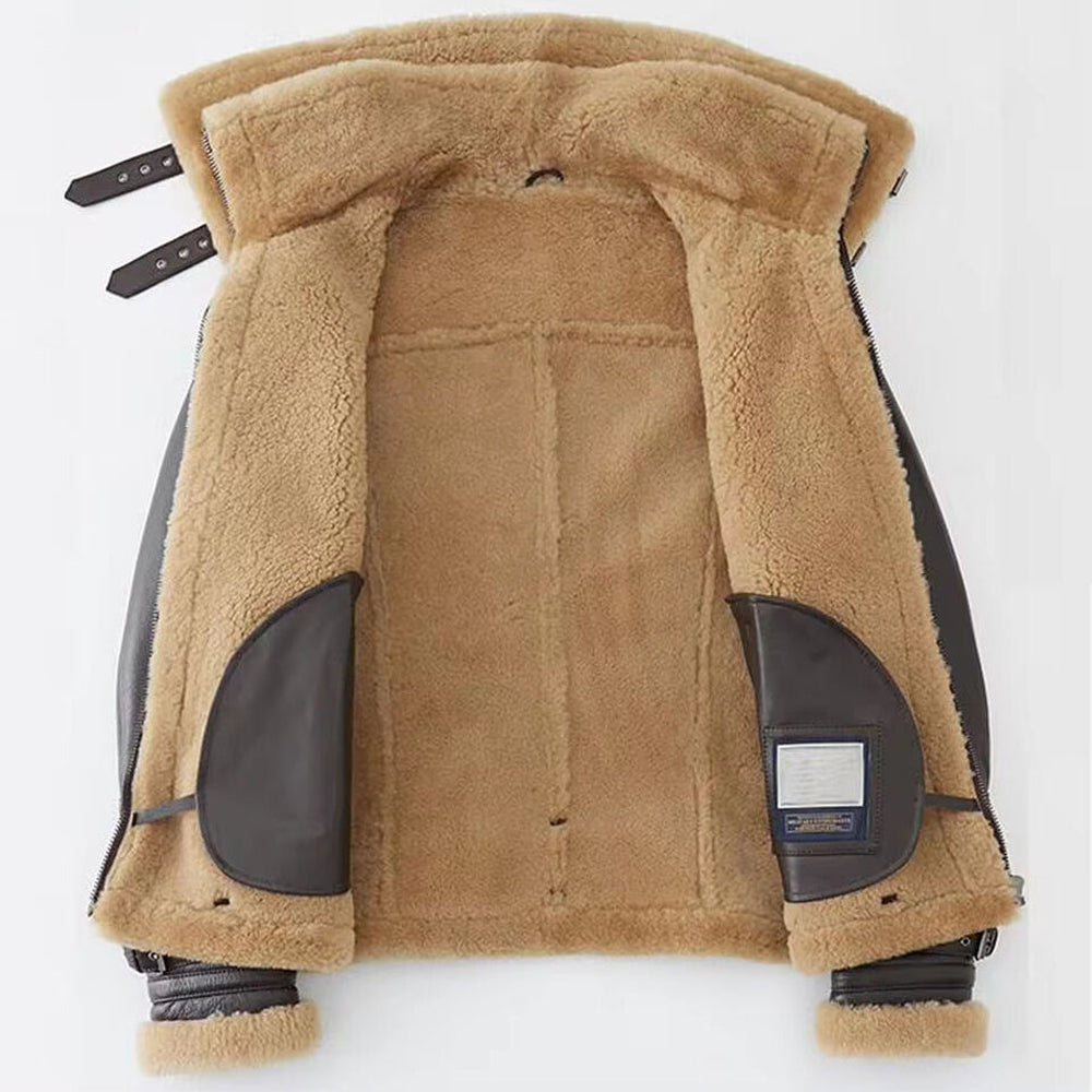 Men's Espresso Brown Belted B-3 RAF Shearling Leather Aviator Jacket