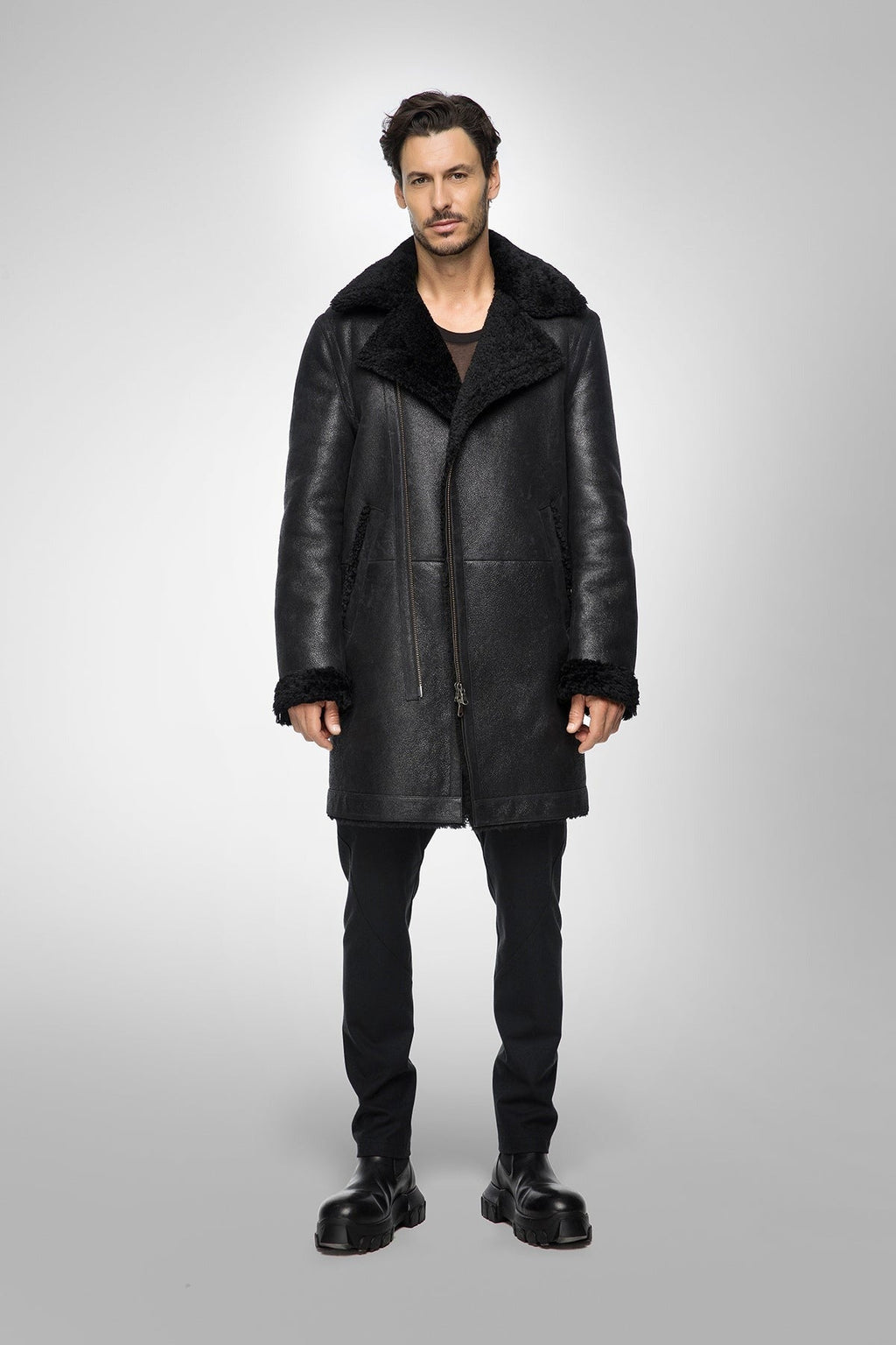 Men's Black Shearling B7 Bomber Leather Coat - Rugged & Warm