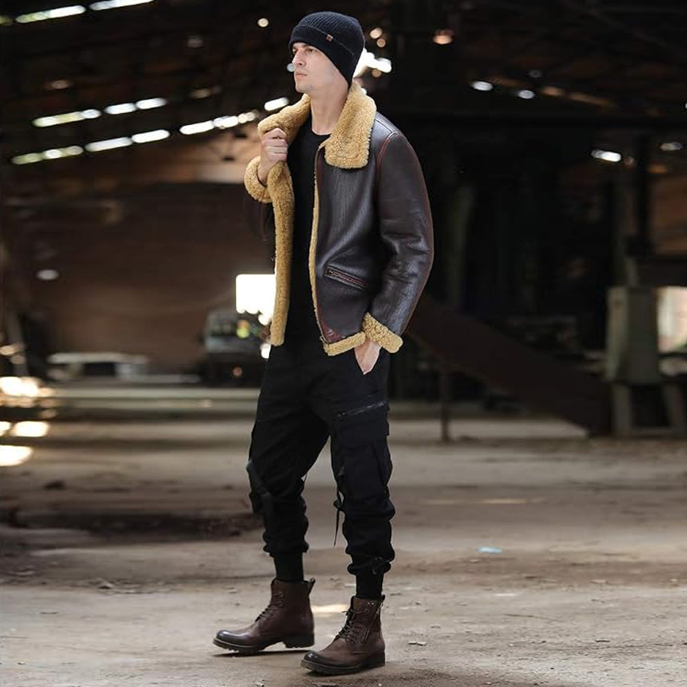 Men's Espresso Brown B-3 Bomber Jacket with Rust Contrast Piping