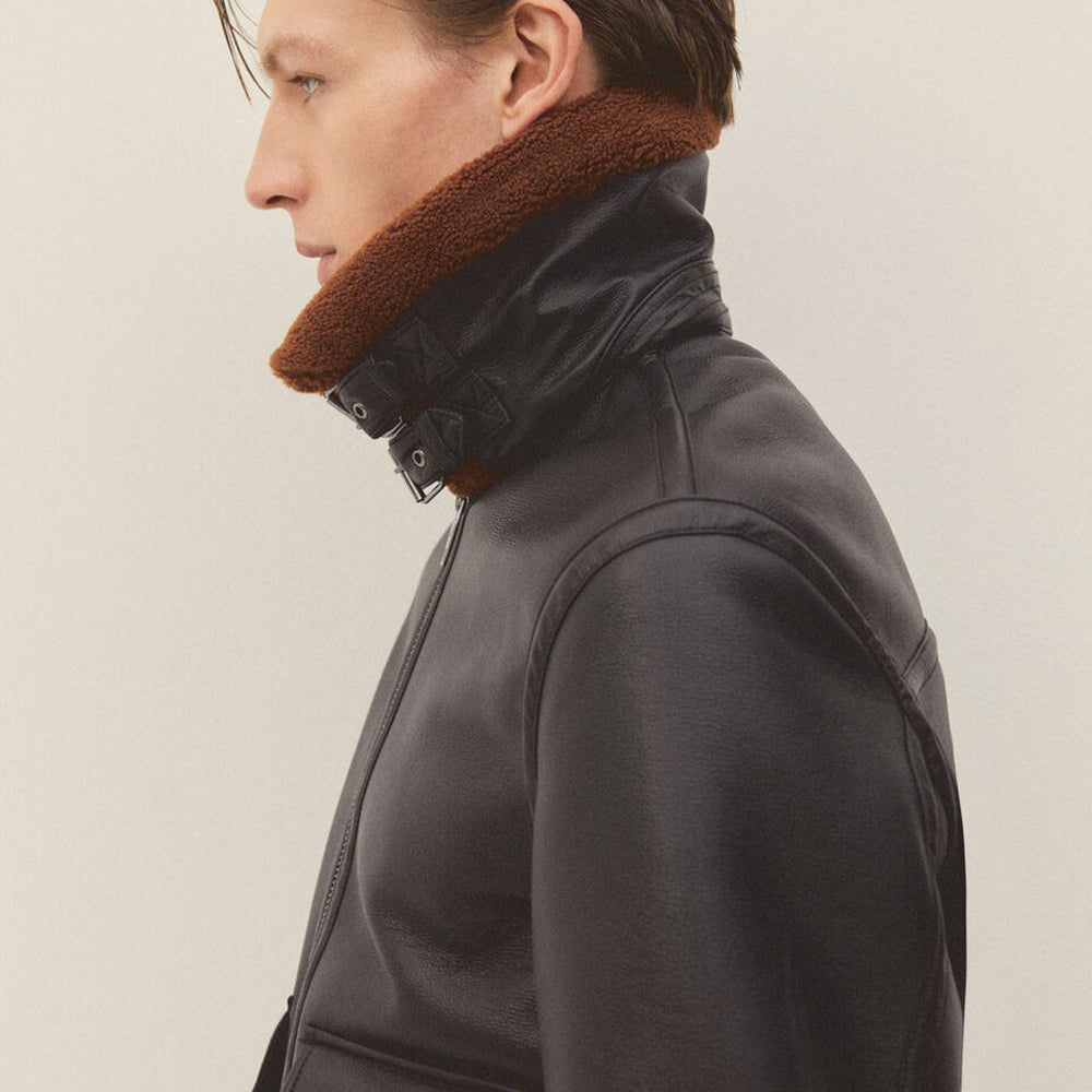 B-3 Aviator Shearling Leather Jacket – Jet Black with Tobacco Brown Fur