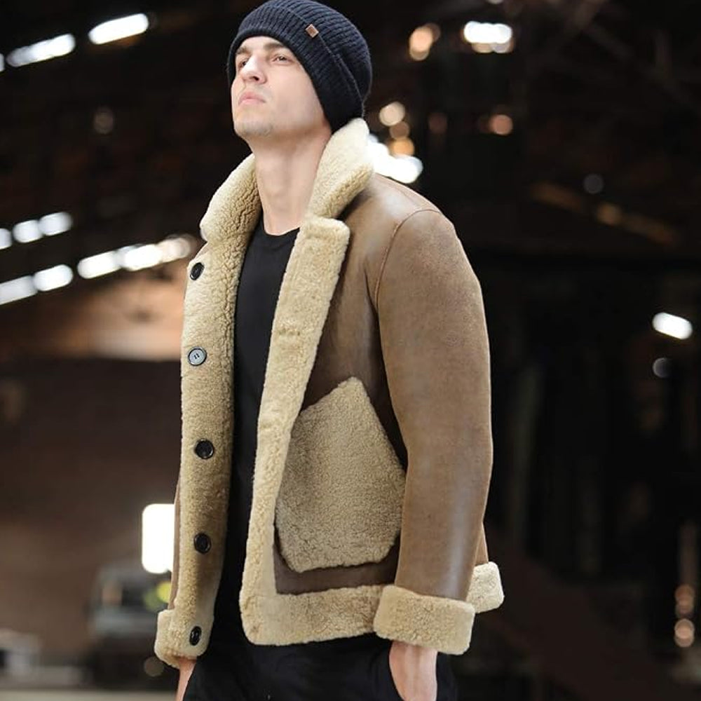 Men's Camel Button-Front Shearling Trapper Jacket