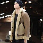Men's Camel Button-Front Shearling Trapper Jacket