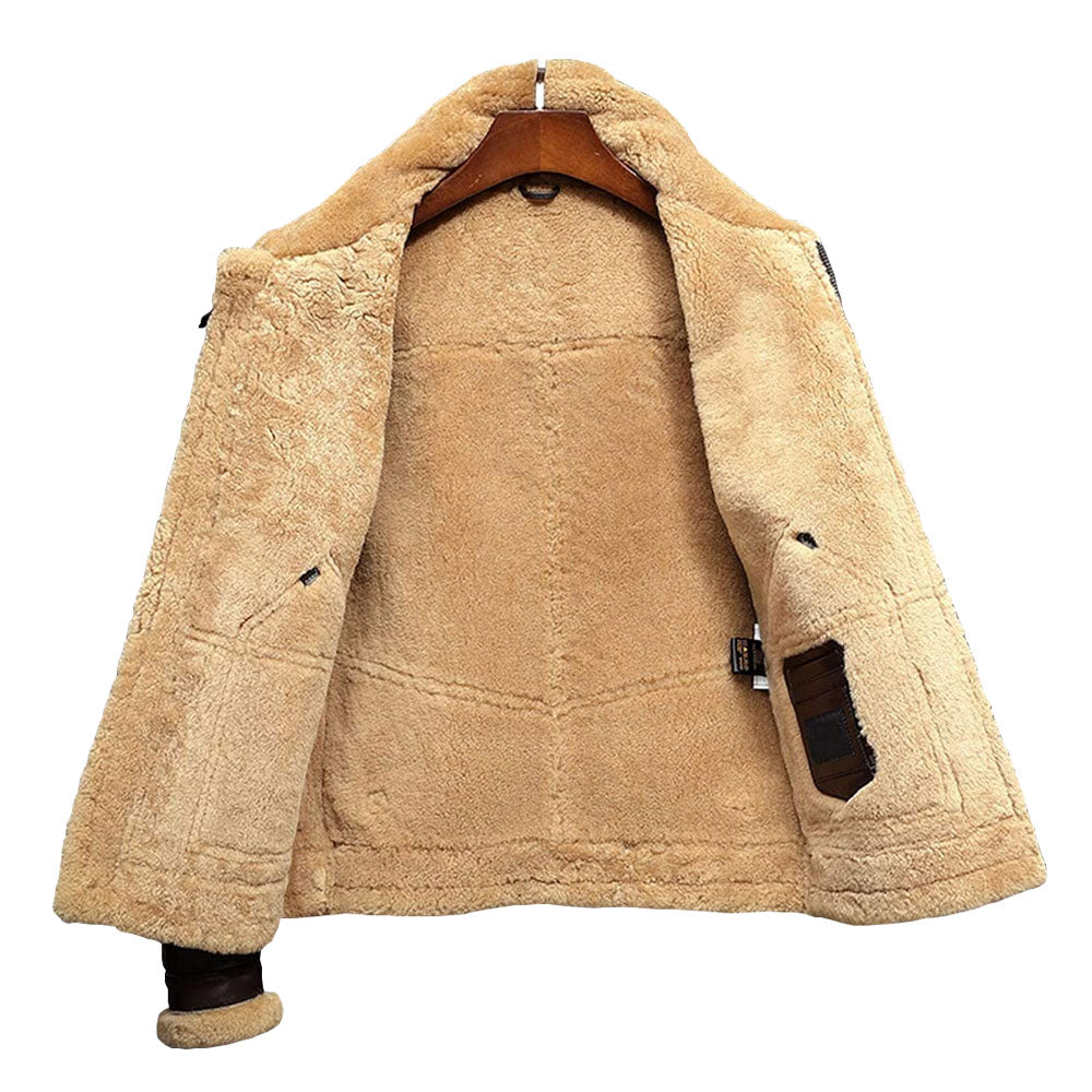 Men's Dark Espresso Lambskin Shearling Aviator Flight Coat with Angled Cargo Pockets