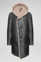 Men's Black Shearling Fur Leather Coat with Hood - Luxurious & Warm
