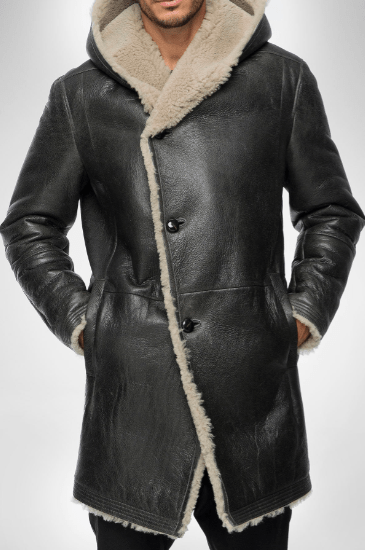 Men's Black Shearling Fur Leather Coat with Hood - Luxurious & Warm