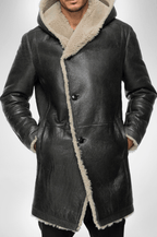 Men's Black Shearling Fur Leather Coat with Hood - Luxurious & Warm