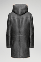 Men's Black Shearling Fur Leather Coat with Hood - Luxurious & Warm