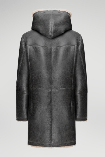 Men's Black Shearling Fur Leather Coat with Hood - Luxurious & Warm
