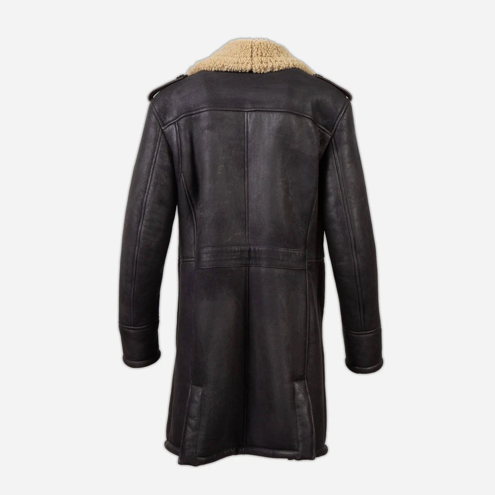 Men's Dark Brown Notch Collar Shearling Officer Coat
