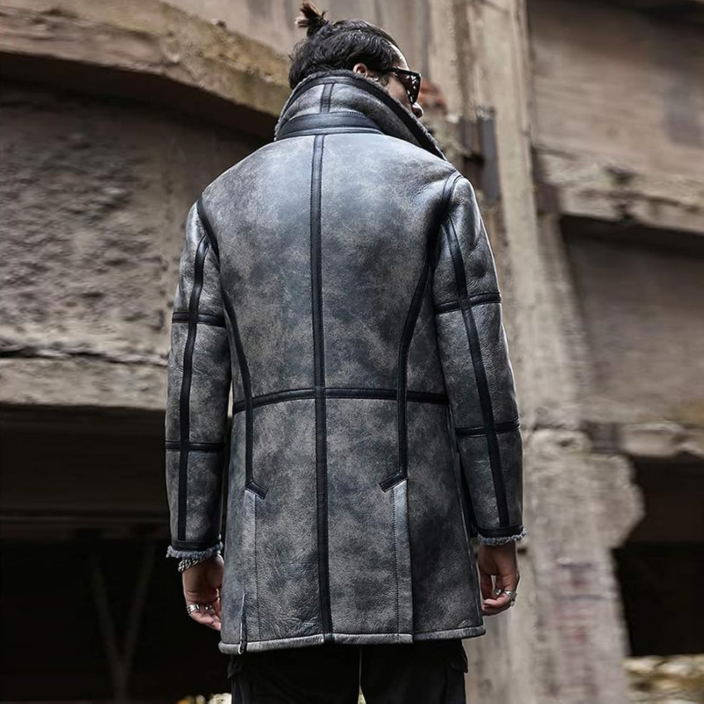 Men's Distressed Grey Lambskin Shearling Trench Coat