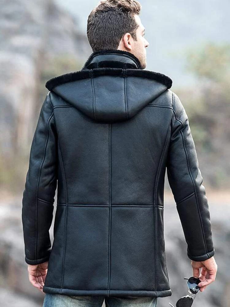 Men's Sheepskin Fur Leather Coat with Hood in Black