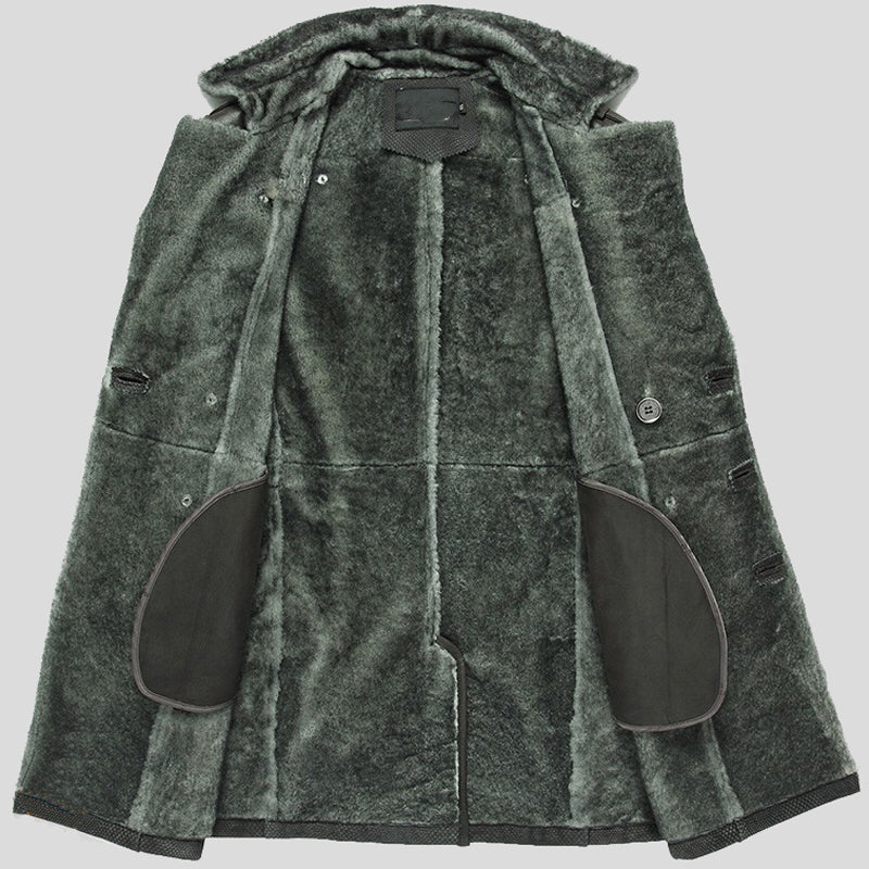 Mens Classics Double Breasted Shearling Sheepskin Leather Pea Coats