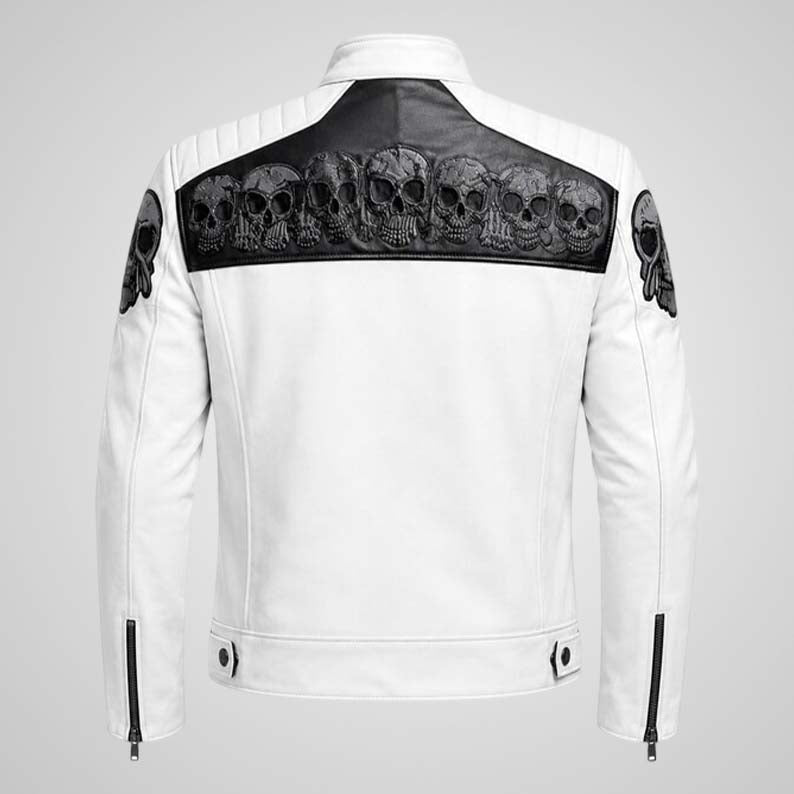 Men's Skull Embroidered Leather Biker Jacket - Matte Finish Motorcycle Style