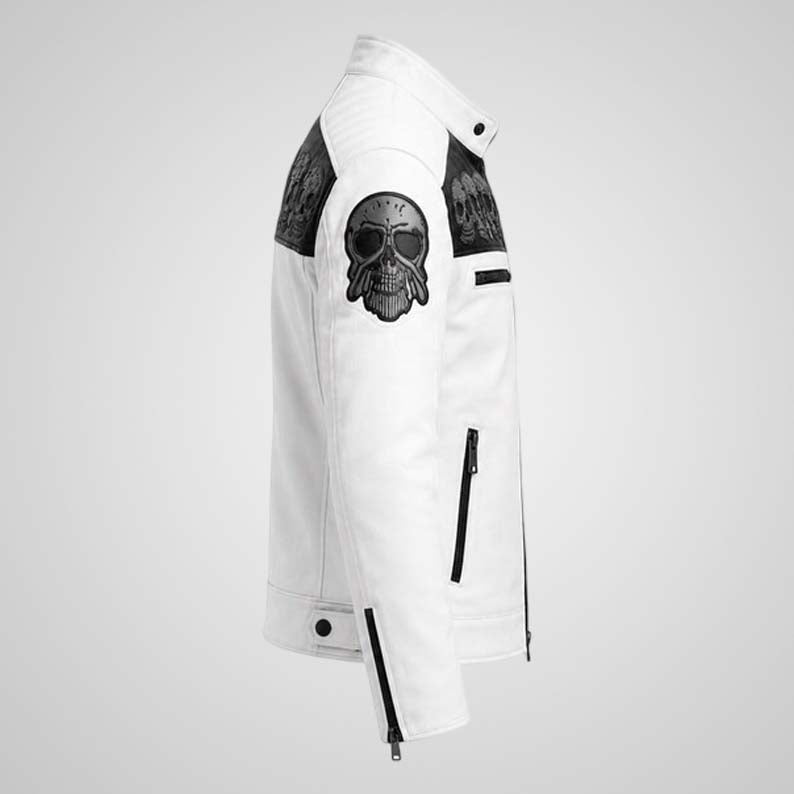 Men's Skull Embroidered Leather Biker Jacket - Matte Finish Motorcycle Style