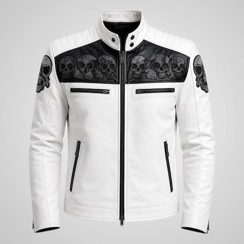 Men's Skull Embroidered Leather Biker Jacket - Matte Finish Motorcycle Style