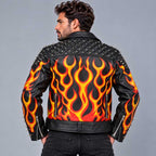 Men's Studded Black Leather Biker Jacket with Flame Design