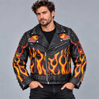 Men's Studded Black Leather Biker Jacket with Flame Design
