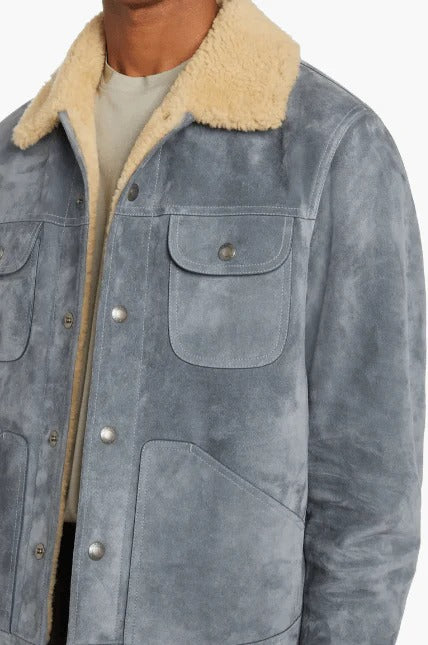 Men's Sky Blue Suede Trucker Shearling Leather Jacket Stylish & Cozy Outerwear