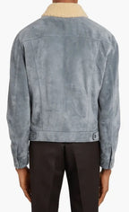 Men's Sky Blue Suede Trucker Shearling Leather Jacket Stylish & Cozy Outerwear