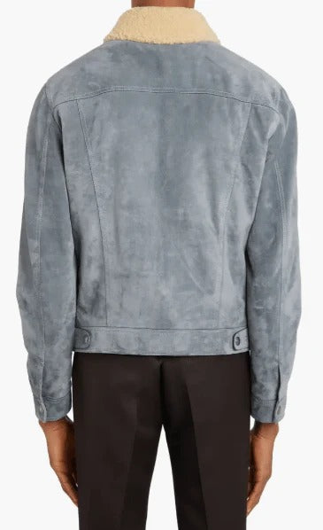 Men's Sky Blue Suede Trucker Shearling Leather Jacket Stylish & Cozy Outerwear