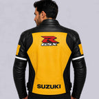 Suzuki GSX R Men's Yellow Black Cowhide Leather Riding Jacket with CE Armor